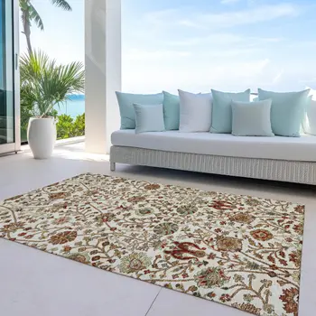 8' X 10' Ivory Brown And Red Floral Washable Indoor Outdoor Area Rug