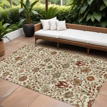 10' X 14' Ivory Brown And Red Floral Washable Indoor Outdoor Area Rug