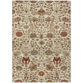 10' X 14' Ivory Brown And Red Floral Washable Indoor Outdoor Area Rug