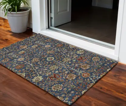 3' X 5' Navy Blue Brown And Red Floral Washable Indoor Outdoor Area Rug