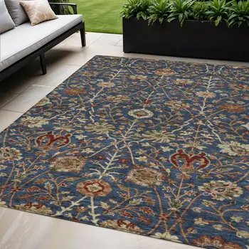 5' X 8' Navy Blue Brown And Red Floral Washable Indoor Outdoor Area Rug