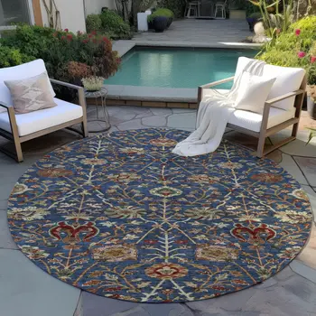 8' Navy Blue Brown And Red Round Floral Washable Indoor Outdoor Area Rug