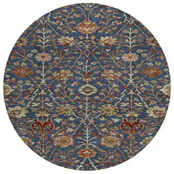 8' Navy Blue Brown And Red Round Floral Washable Indoor Outdoor Area Rug