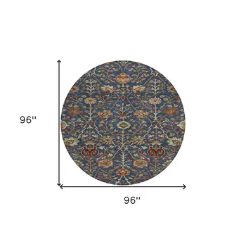 8' Navy Blue Brown And Red Round Floral Washable Indoor Outdoor Area Rug