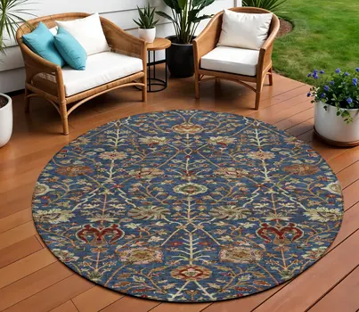 8' Navy Blue Brown And Red Round Floral Washable Indoor Outdoor Area Rug