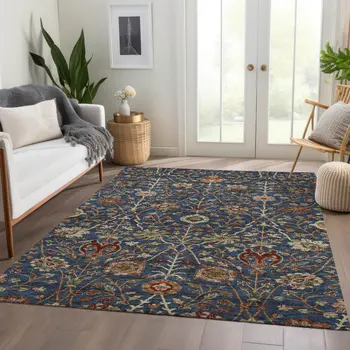 8' X 10' Navy Blue Brown And Red Floral Washable Indoor Outdoor Area Rug