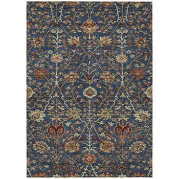 10' X 14' Navy Blue Brown And Red Floral Washable Indoor Outdoor Area Rug