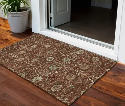 3' X 5' Brown Tan And Red Floral Washable Indoor Outdoor Area Rug