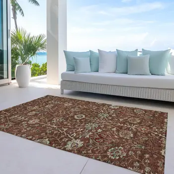 5' X 8' Brown Tan And Red Floral Washable Indoor Outdoor Area Rug