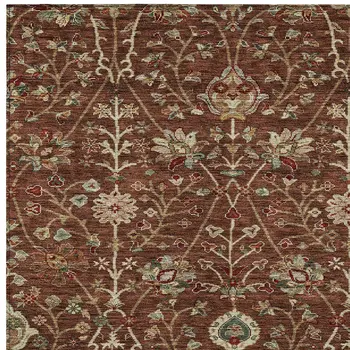 5' X 8' Brown Tan And Red Floral Washable Indoor Outdoor Area Rug