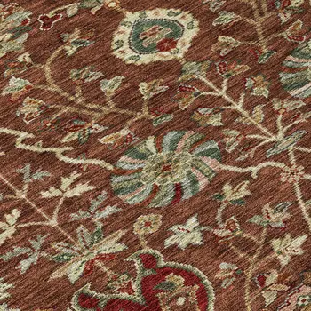 5' X 8' Brown Tan And Red Floral Washable Indoor Outdoor Area Rug