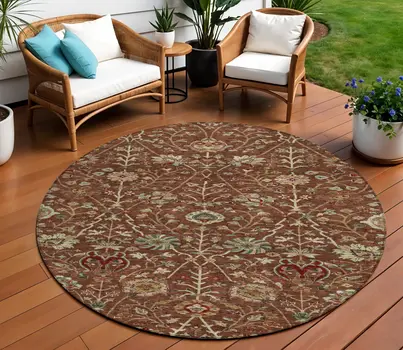 8' Brown Tan And Red Round Floral Washable Indoor Outdoor Area Rug