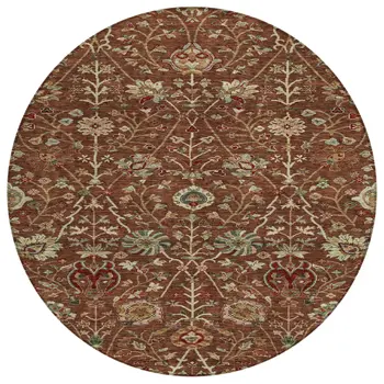 8' Brown Tan And Red Round Floral Washable Indoor Outdoor Area Rug