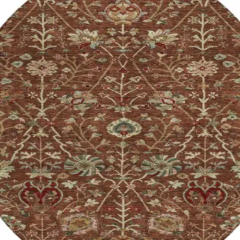 8' Brown Tan And Red Round Floral Washable Indoor Outdoor Area Rug