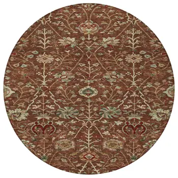8' Brown Tan And Red Round Floral Washable Indoor Outdoor Area Rug