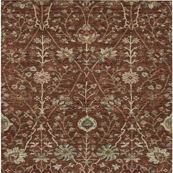 9' X 12' Brown Tan And Red Floral Washable Indoor Outdoor Area Rug