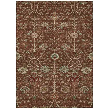 9' X 12' Brown Tan And Red Floral Washable Indoor Outdoor Area Rug
