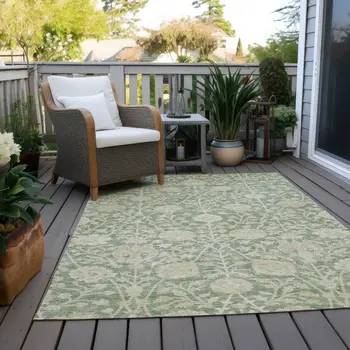 3' X 5' Artichoke Green And Beige Floral Washable Indoor Outdoor Area Rug