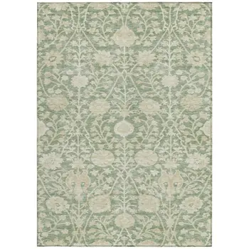 5' X 8' Artichoke Green And Beige Floral Washable Indoor Outdoor Area Rug