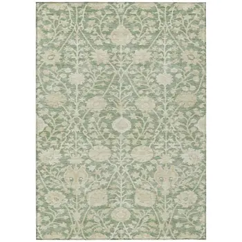 9' X 12' Artichoke Green And Beige Floral Washable Indoor Outdoor Area Rug
