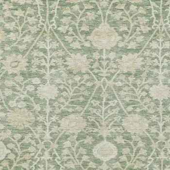 9' X 12' Artichoke Green And Beige Floral Washable Indoor Outdoor Area Rug