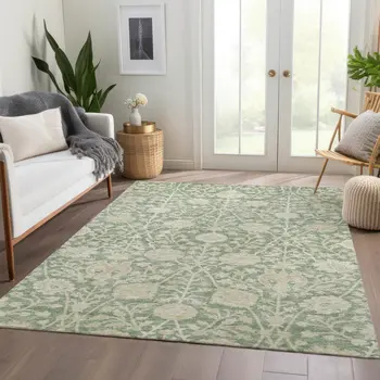 9' X 12' Artichoke Green And Beige Floral Washable Indoor Outdoor Area Rug
