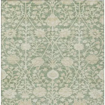 10' X 14' Artichoke Green And Beige Floral Washable Indoor Outdoor Area Rug