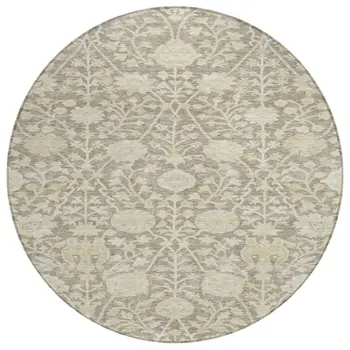 8' Brown And Beige Round Floral Washable Indoor Outdoor Area Rug