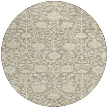 8' Brown And Beige Round Floral Washable Indoor Outdoor Area Rug