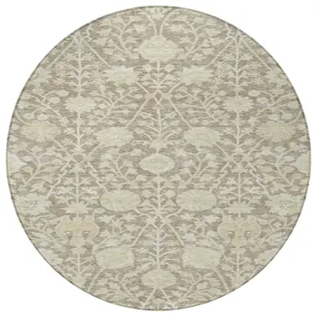 8' Brown And Beige Round Floral Washable Indoor Outdoor Area Rug