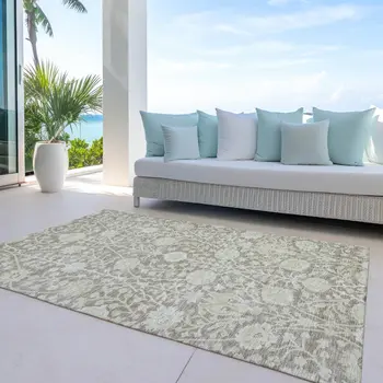 8' X 10' Brown And Beige Floral Washable Indoor Outdoor Area Rug