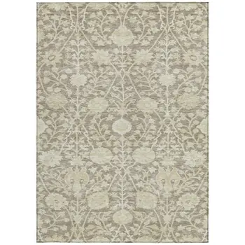 10' X 14' Brown And Beige Floral Washable Indoor Outdoor Area Rug