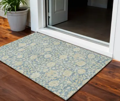 3' X 5' Sky Blue And Beige Floral Washable Indoor Outdoor Area Rug