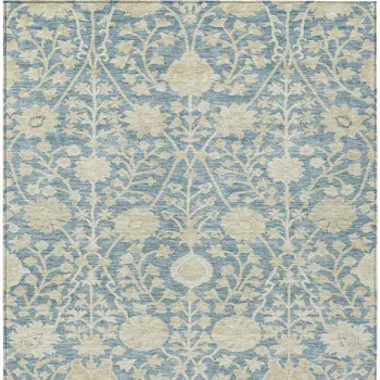 3' X 5' Sky Blue And Beige Floral Washable Indoor Outdoor Area Rug