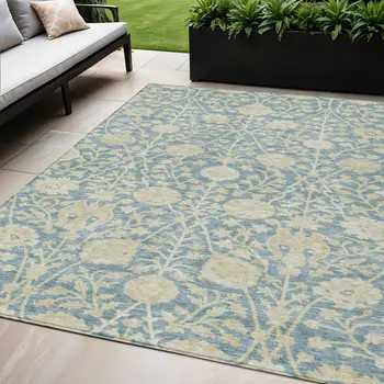 5' X 8' Sky Blue And Beige Floral Washable Indoor Outdoor Area Rug