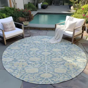 8' Sky Blue And Beige Round Floral Washable Indoor Outdoor Area Rug
