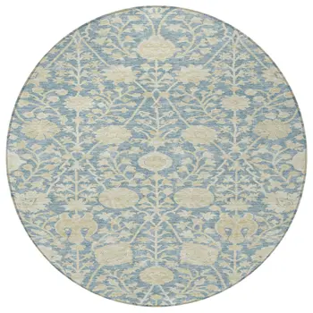 8' Sky Blue And Beige Round Floral Washable Indoor Outdoor Area Rug
