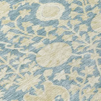 8' Sky Blue And Beige Round Floral Washable Indoor Outdoor Area Rug