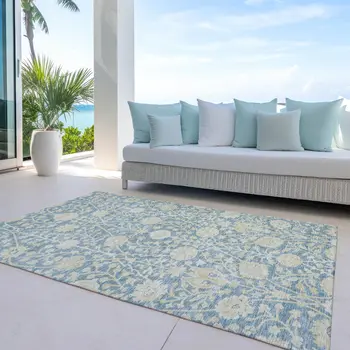8' X 10' Sky Blue And Beige Floral Washable Indoor Outdoor Area Rug