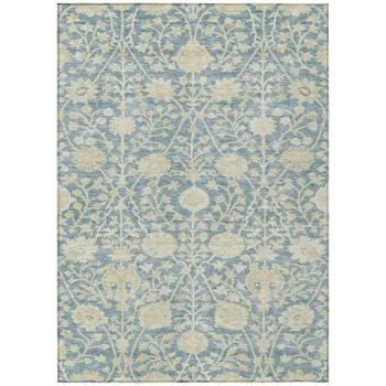 8' X 10' Sky Blue And Beige Floral Washable Indoor Outdoor Area Rug