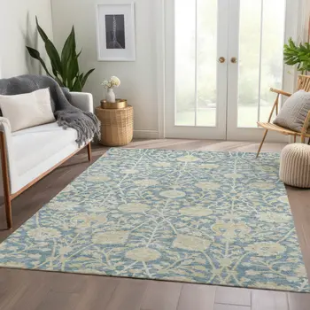 9' X 12' Sky Blue And Beige Floral Washable Indoor Outdoor Area Rug