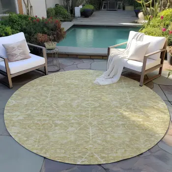 8' Tan And Beige Round Floral Washable Indoor Outdoor Area Rug