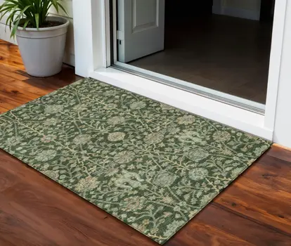 3' X 5' Green Tan And Gray Floral Washable Indoor Outdoor Area Rug