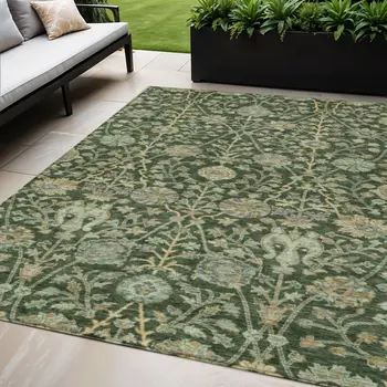 5' X 8' Green Tan And Gray Floral Washable Indoor Outdoor Area Rug