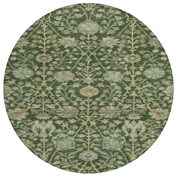 8' Green Tan And Gray Round Floral Washable Indoor Outdoor Area Rug