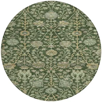 8' Green Tan And Gray Round Floral Washable Indoor Outdoor Area Rug
