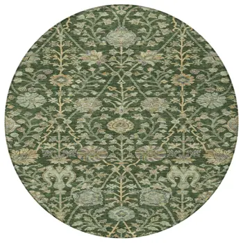 8' Green Tan And Gray Round Floral Washable Indoor Outdoor Area Rug
