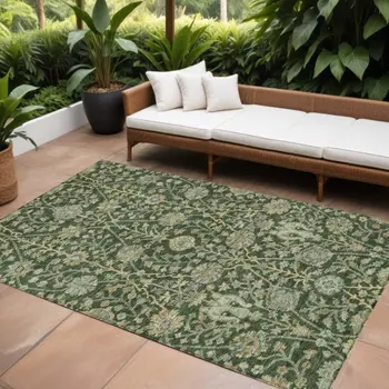 8' X 10' Green Tan And Gray Floral Washable Indoor Outdoor Area Rug