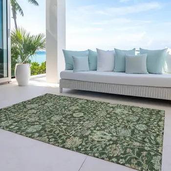 9' X 12' Green Tan And Gray Floral Washable Indoor Outdoor Area Rug
