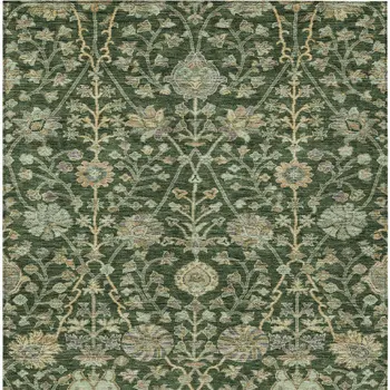 9' X 12' Green Tan And Gray Floral Washable Indoor Outdoor Area Rug